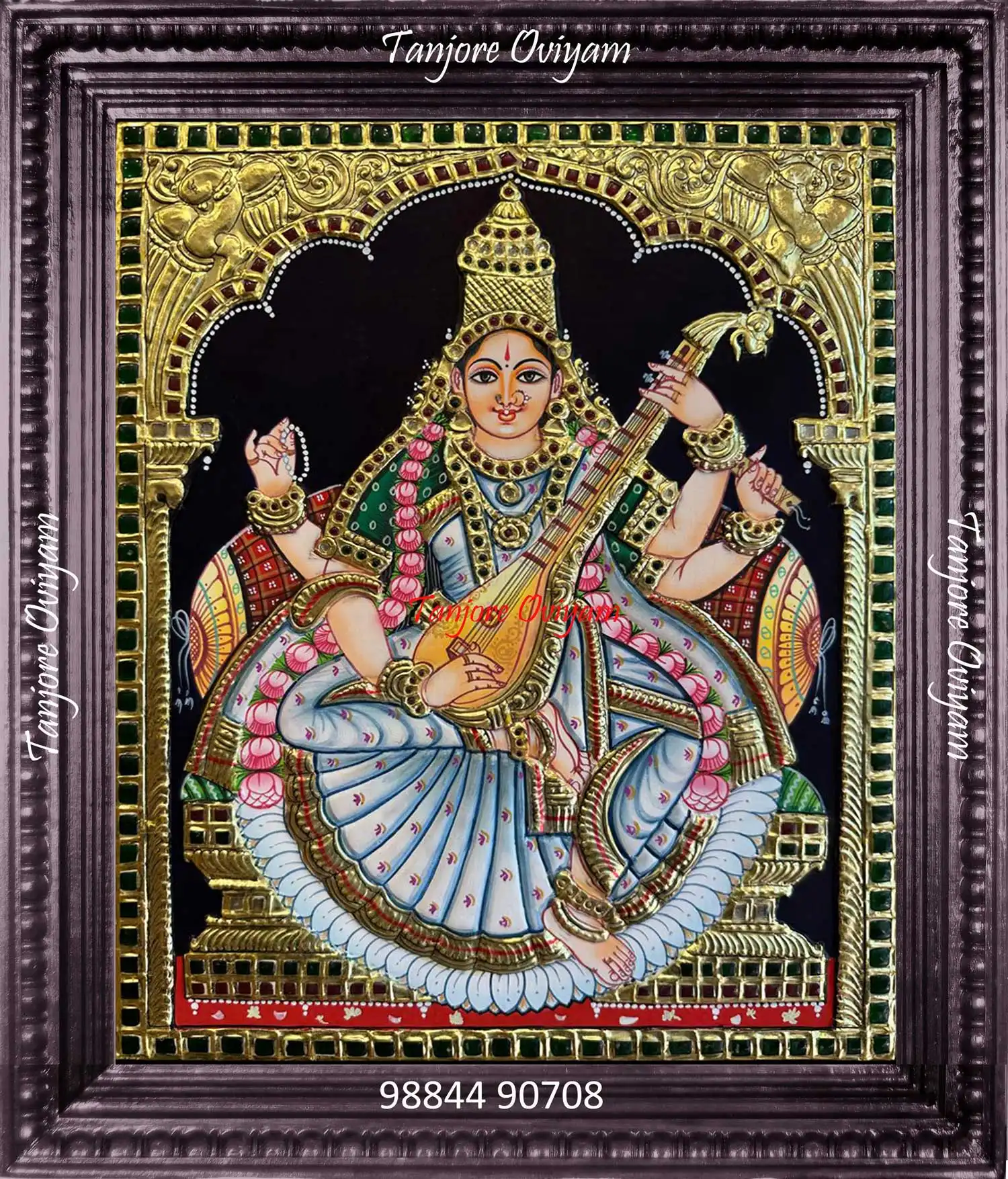 Handcrafted Saraswathi Pooja Tanjore painting with veena and gold foil work